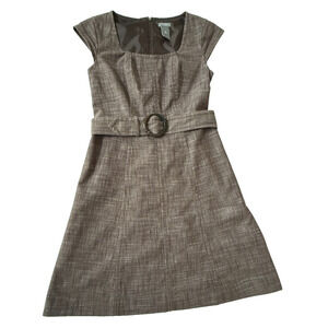 Women's Brown Tweed Dress Cap Sleeve Square Neck Ann Taylor Fit & Flare 0 Petite